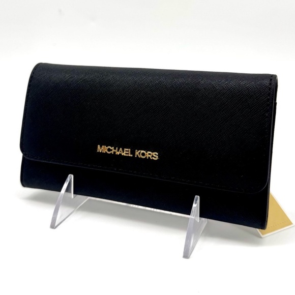 Michael Kors Large Jet Set Travel Trifold Wallet - Black/Gold - Picture 1 of 6